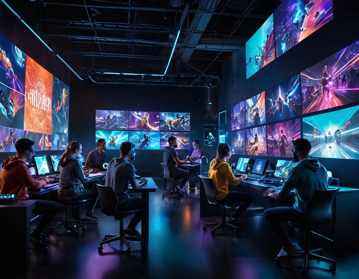 A dynamic scene showcasing a diverse group of gamers engaging passionately in a virtual environment, with holographic screens displaying various games and statistics. Include futuristic gaming consoles and immersive headsets, surrounded by elements like vibrant light trails and abstract game icons to symbolize connection and community. The atmosphere should feel electric and inclusive, emphasizing collaboration and excitement. digital art. vibrant colors. 3D.