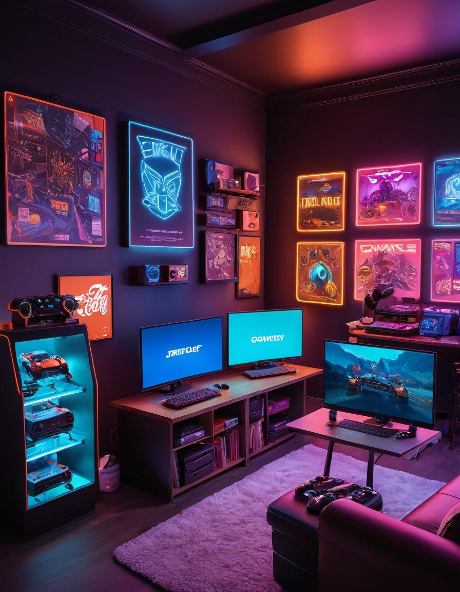 An inviting gaming workspace filled with colorful mods and gaming gear, showcasing a vibrant array of gaming consoles and controllers, surrounded by open community resource guides. Include glowing neon lights and posters of popular games. Emphasize a sense of collaboration and creativity among gamers with diverse backgrounds in the scene. super-realistic. vibrant colors. immersive atmosphere.