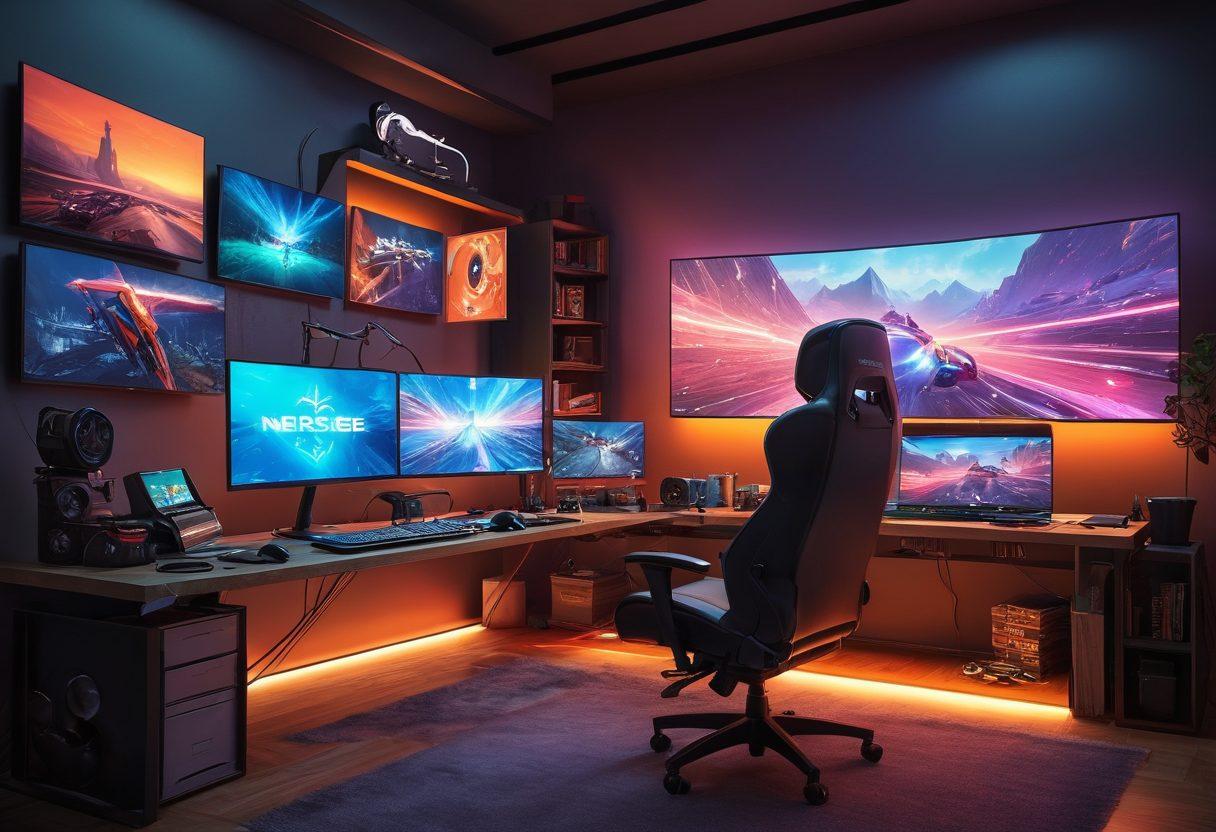A dynamic composition showcasing a novice gamer transforming into a pro, with a split-screen effect. On one side, illustrate a cluttered desk filled with beginner gaming gear and guides, while on the other side, display a sleek setup with advanced technology and accolades. Incorporate vibrant visuals of gaming scenes and tutorials in the background, symbolizing the journey of mastery. Make it visually engaging with a futuristic vibe. super-realistic. vibrant colors. 3D.